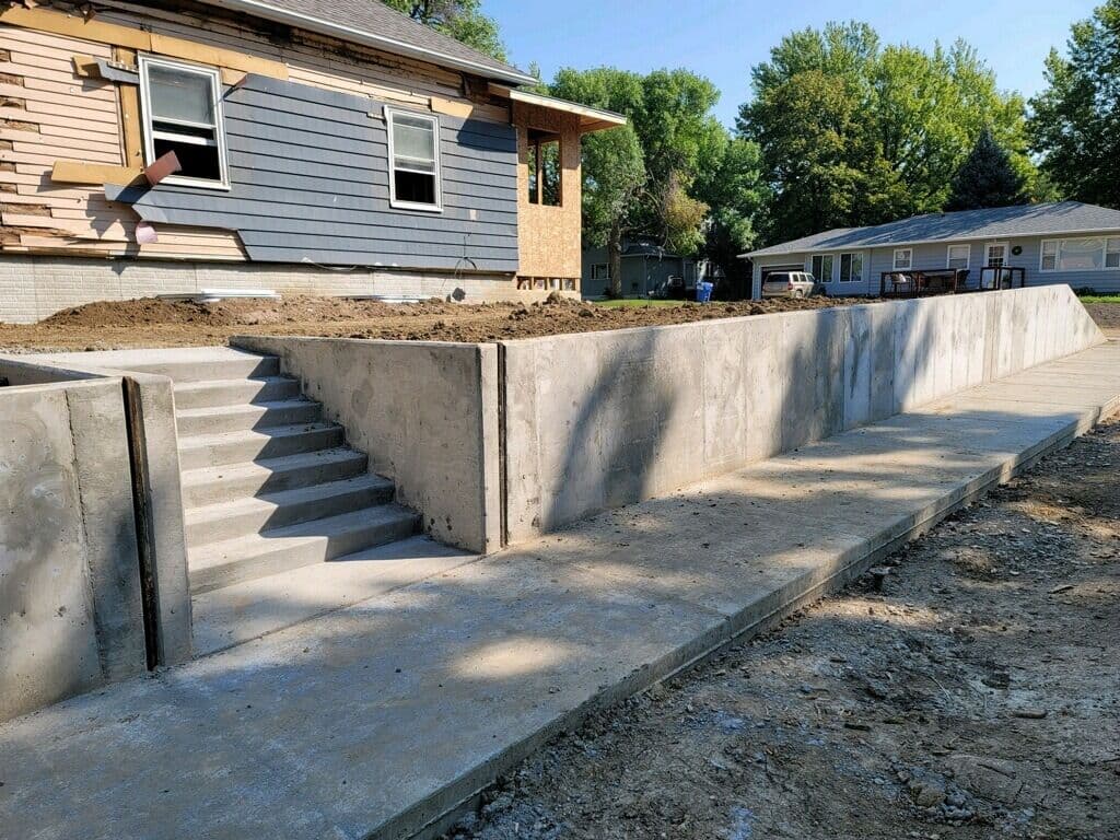 A poured concrete retaining wall with new steps climbing the slope